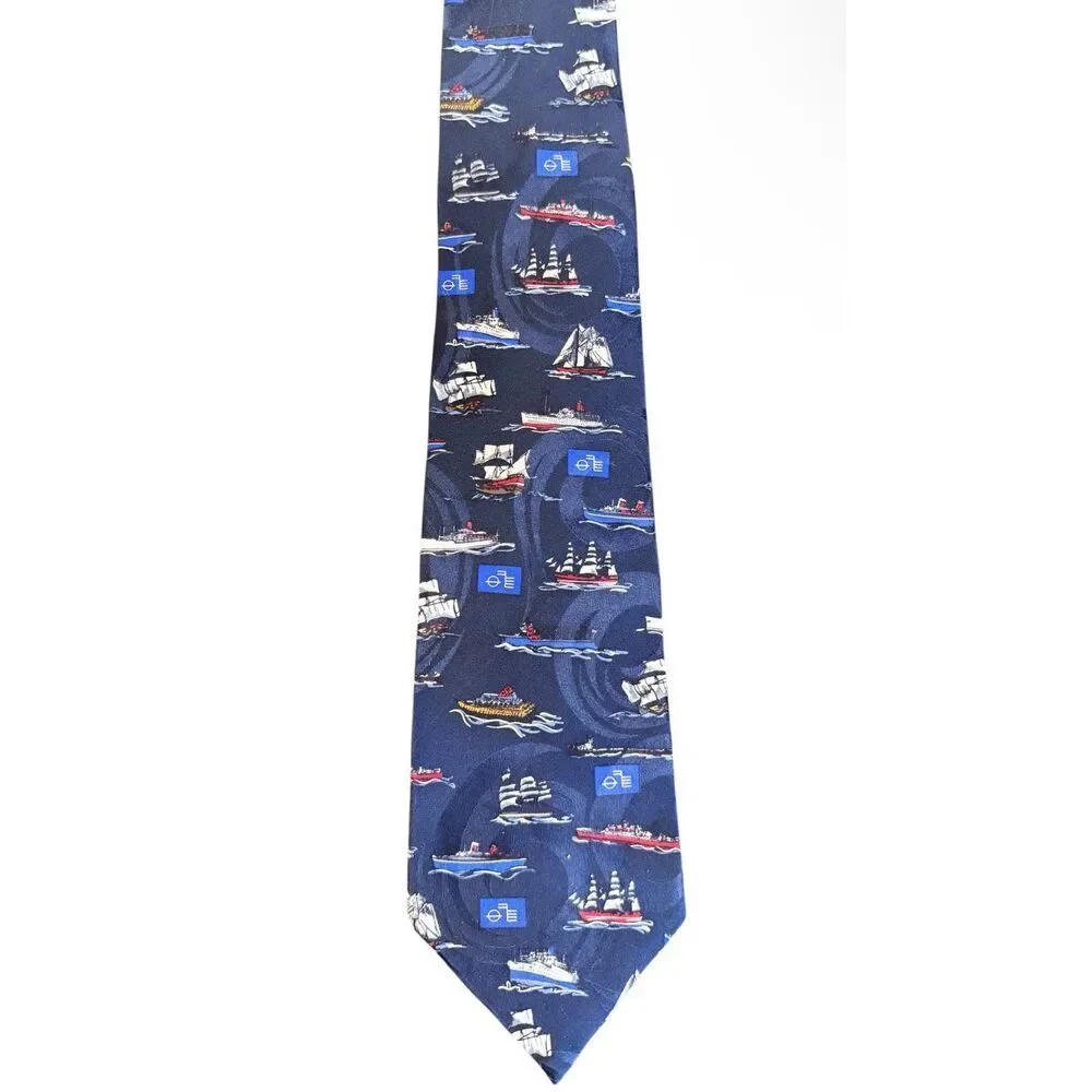Wembley Men’s 109% Silk Tie All Over Boat Pattern Navy Blue 58” Nautical Career